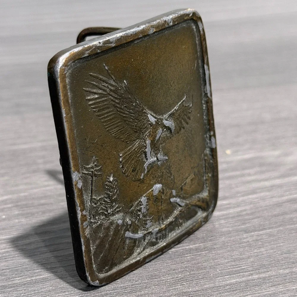 Vintage 1977 Indiana‎ Metal Craft Bald Eagle Belt Buckle Bronze Tone Distressed
